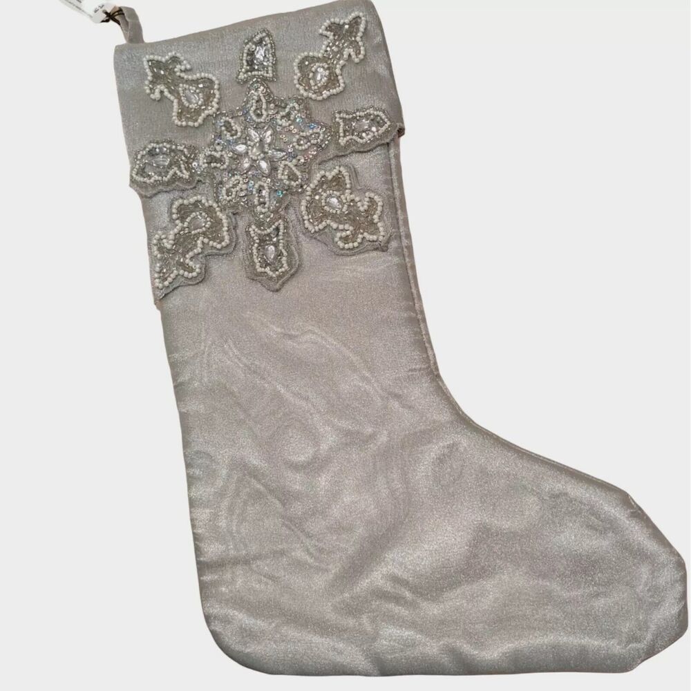 Pier 1 Imports Christmas Stocking  Sequin Snowflake Shiny Silver Jewels
